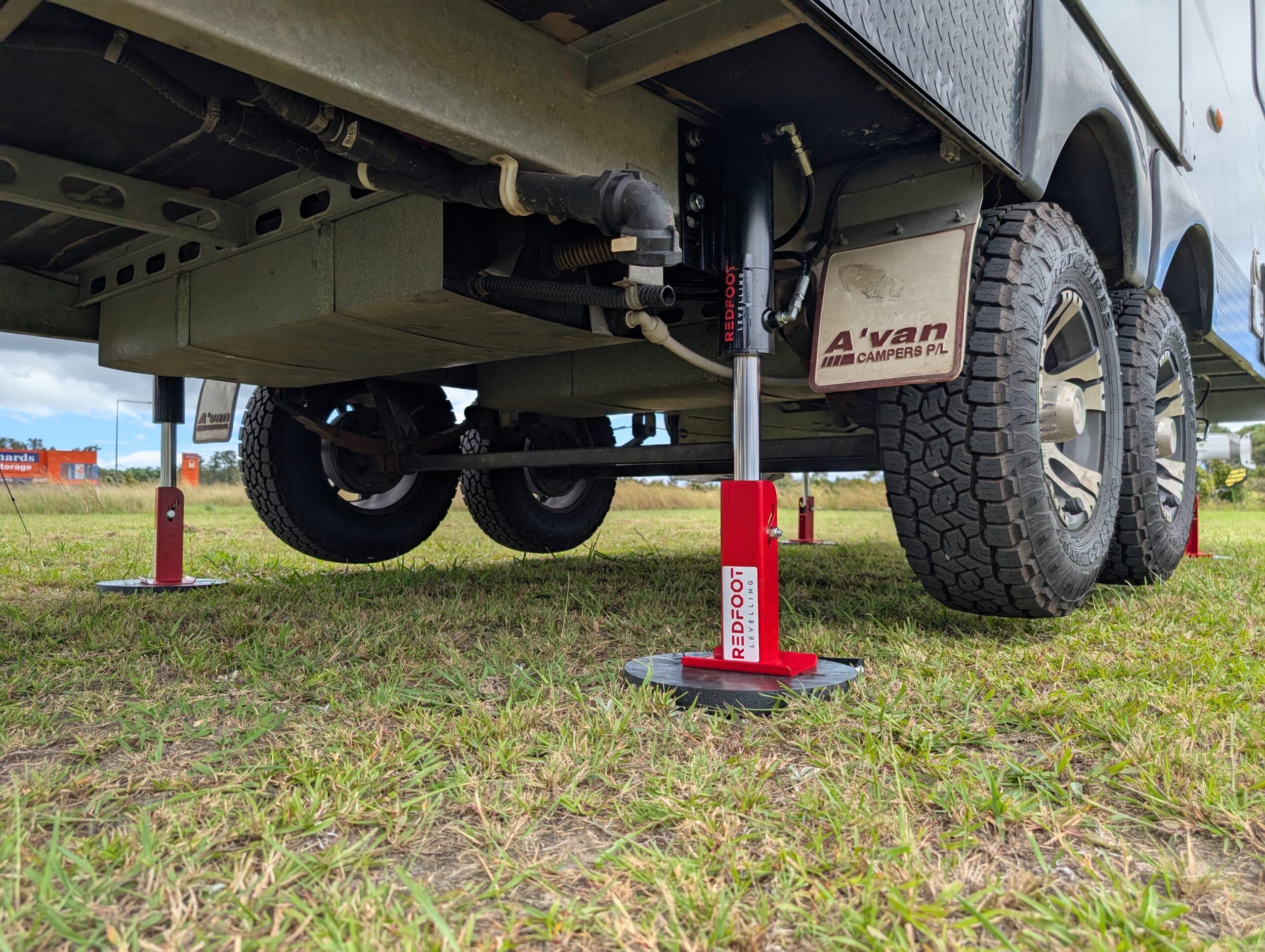 Wheels off the ground being lifted by Redfoot system
