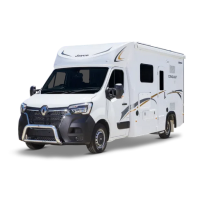 Redfoot Levelling - A white camper van equipped with the Redfoot Levelling Renault ‘AutoLift’ System on a white background.