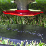 Hydraulic jack foot above motorhome pad